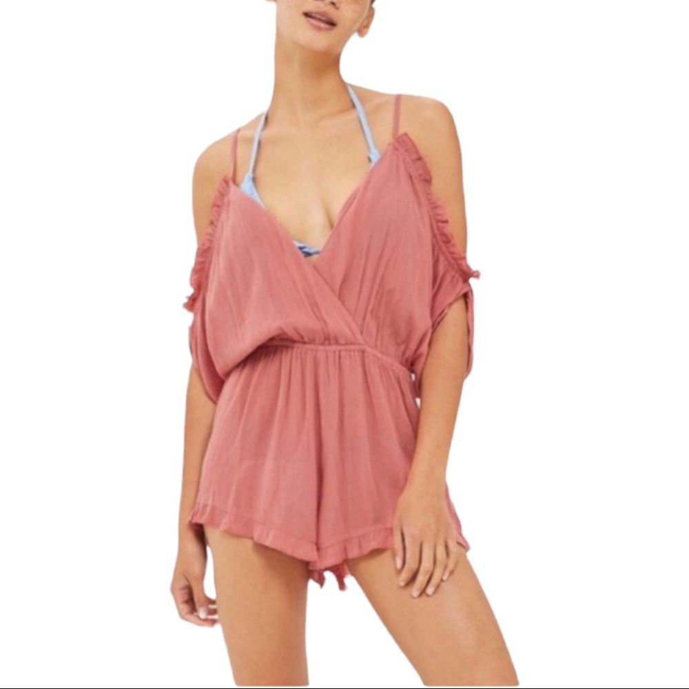 TopShop Gauze Cold Shoulder Cover-Up Romper Mauve